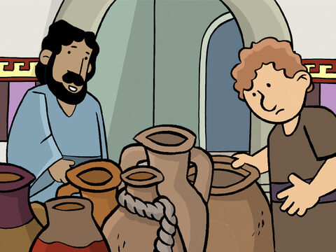 There were six stone large water jars nearby. The Jews used jars like these in their washing ceremony. Each jar held about 20 or 30 gallons (90-130 litres).  <br/>Jesus instructed the servants, ‘Fill the jars with water.’ – Slide 7
