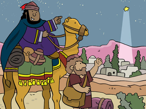 Following Herod’s instructions, the Wise Men set out for Bethlehem, with the star once again guiding them. <br/>‘Look the star is leading us to a house in Bethlehem.’ – Slide 15