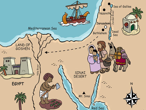 So that night Joseph and Mary headed on a long trip toward Egypt where God would keep them safe and Herod could not harm Jesus. <br/>Two years later, when King Herod died, God told Joseph it was safe to return and the young family headed back to their home town of Nazareth. – Slide 23