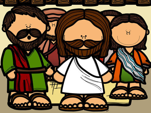 Suddenly Jesus was standing right there in the room, even though the door was shut! Everyone was surprised to see Him, especially Thomas. – Slide 9
