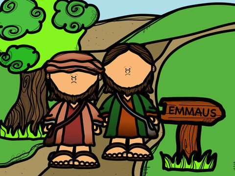 Two of Jesus’ friends were walking along the road to Emmaus feeling very sad. While they had been in Jerusalem Jesus had died on the cross. They were feeling upset. – Slide 1