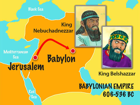 King Nebuchadnezzar had taken Jewish captives back to Babylon. Among them was a young man called Daniel who rose up to be the chief of all the King’s wise men. When Daniel was older, King Nebuchadnezzar died and was succeeded by King Belshazzar. – Slide 1