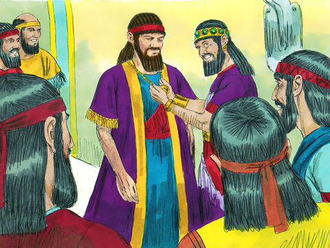 At Belshazzar’s command, Daniel was dressed in purple robes and a gold chain was hung around his neck. He was proclaimed the third highest ruler in the kingdom. – Slide 13