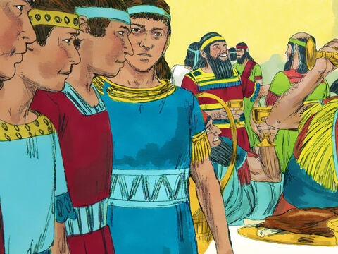 These four young Jewish men were to be trained for three years in the language and literature of Babylon. They would also be given food and wine from the King’s own kitchens. Daniel knew the meat being offered was not prepared as God had set out in the laws of Moses. He did not want to become drunk either. – Slide 8