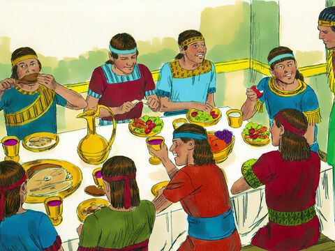 So for ten days Daniel and his three friends were fed vegetables and water while the others ate the King’s food and drank wine. At the end of the ten days, Daniel and his three friends looked healthier and better nourished than the rest so they were allowed to continue on their diet. – Slide 10