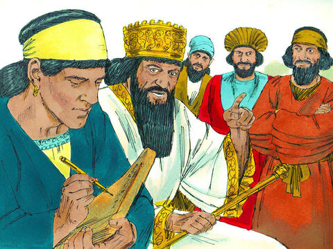 So they went to see the king and said, King Darius, all who rule your empire want you to order, that for thirty days, no one is allowed to pray to any god, only Your Majesty. Anyone who breaks this law is to be thrown into a pit filled with lions. King Darius signed the law - and laws of the Medes and Persians could not be changed.  Slide 6