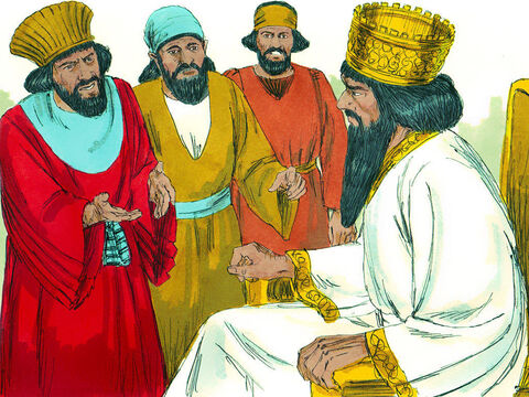 Daniel's enemies went to the king, ‘Your Majesty, Daniel does not obey the order you issued. He prays to his God regularly three times a day. He must be thrown into a pit filled with lions.’ – Slide 8