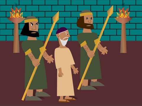 At once, the men went and told the king all about Daniel and how he had broken the new rule. The king was very, very sad because he really liked Daniel but there was nothing he could do and in the evening he sent his soldiers to arrest him. – Slide 11