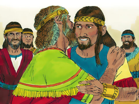 David summoned Absalom to come back to Jerusalem and although he would not see him immediately he later sent for Absalom. Absalom arrived and bowed face down before his father who kissed him. – Slide 6
