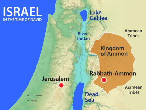 The Ammonites lived in the Kingdom of Ammon to the East of King David’s kingdom on the other side of the River Jordan. King Nahash had shown kindness to David so David sent envoys from Jerusalem to express his sympathy to Hanun. – Slide 2
