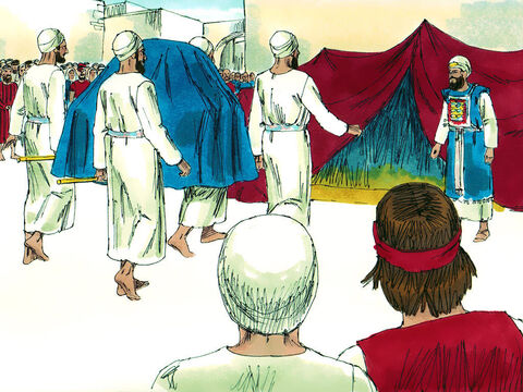 They brought the Ark and set it inside the tent that David had pitched for it. David sacrificed burnt offerings and fellowship offerings and blessed everyone in the name of the Lord. He gave a loaf of bread, a cake of dates and a cake of raisins to each person in the crowd. Then everyone returned home. – Slide 17