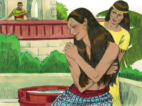 One evening David walked around on the roof of the palace and saw a very beautiful woman washing. David sent someone to find out who she was. He was told she was Bathsheba, the wife of Uriah the Hittite who was away fighting in David’s army. – Slide 2