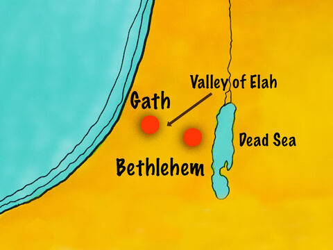 King Saul and the Israelites were camped in Elah Valley. A man named Goliath, from the city of Gath, came out from the Philistine camp to challenge the Israelites. – Slide 2