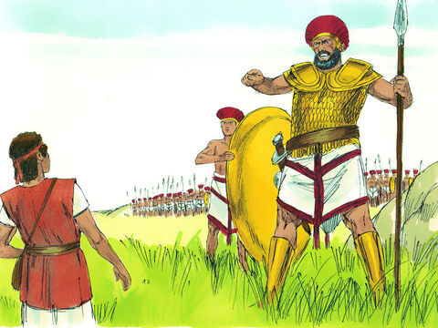  Instead, he took his shepherd's stick and then picked up five smooth stones from the stream and put them in his bag. With his sling ready, he went out to meet Goliath. Goliath started walking toward David, with his shield bearer walking in front of him. ‘What's that stick for?’ he shouted at David. ‘Do you think I'm a dog?’ – Slide 14