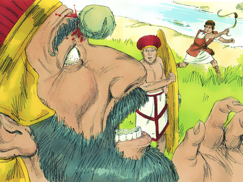 As Goliath started walking toward David again, David ran quickly toward the Philistine. He reached into his bag and took out a stone, which he slung at Goliath. It hit him on the forehead, breaking his skull, and Goliath fell face downward on the ground. – Slide 16