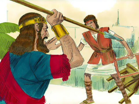 The next day as David was playing the lyre, Saul had a spear in his hand. He hurled it saying, ‘I’ll pin him to the wall.’ But David eluded him twice. – Slide 4