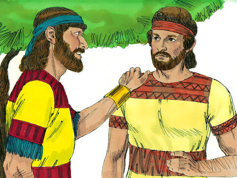 King Saul’s son, Jonathan, had become a close friend of David and given him his tunic, sword, bow and his belt. They made a promise to remain friends. Saul told Jonathan to kill David but he kept his promised and instead of attacking David warned him his life was in danger. He then spoke well of David to Saul and made the king promise not to harm David. – Slide 8