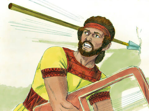After another victory against the Philistines, David was playing his lyre for King Saul. The King became tormented and threw his spear at David, who dodged out of the way. The spear drove into the wall and David fled home. – Slide 9
