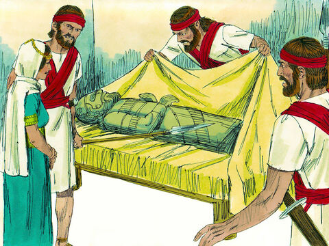 The next morning when the soldiers arrived, she pretended David was ill. When Saul told them to bring David to him they discovered the figure in the bed was an idol. – Slide 12