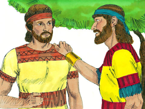 David arranged a secret meeting with Jonathan. They made a promise to show kindness to each other and their families. The next day was the New Moon feast and David was supposed to dine with the King but he was going to hide in a field instead. Jonathan agreed to let David know if Saul was angry and still planning to kill him. They arranged a secret signal, involving an arrow being shot, to let David know whether it was safe or needed to flee. – Slide 14
