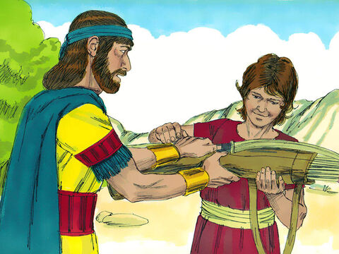 The boy picked up the arrow and returned to his master. Jonathan gave his weapons to the boy and said, ‘Go, carry them back to town.’ – Slide 21