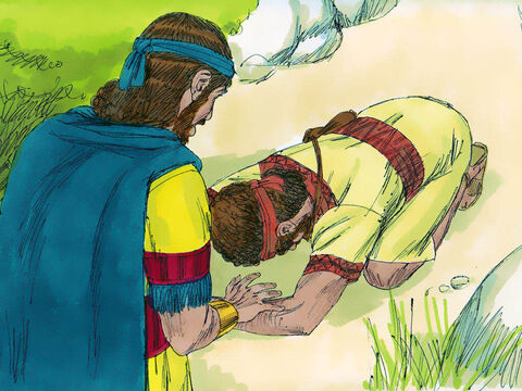 After the boy had gone, David got up from his hiding place and bowed down before Jonathan three times, with his face to the ground. – Slide 22