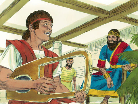 After winning his battle with Goliath David was invited to play his harp before King Saul who was calmed by the beautiful music he played. David was skilled in writing songs of praise to God called ‘Psalms’. They were poems set to music. – Slide 2