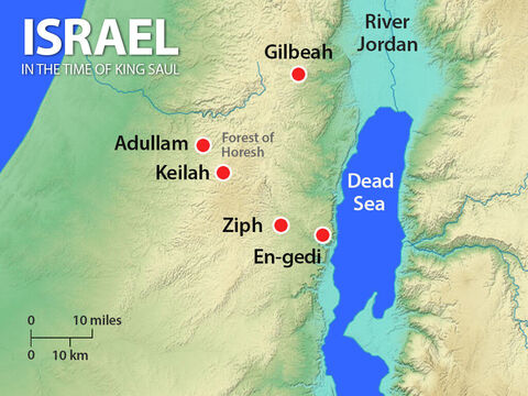 David and his men escaped to live in the wilderness hills and caves around En-gedi near the Dead Sea. King Saul fought against the Philistines then, when told that David was in En-gedi, he returned with 3,000 men to search for David. – Slide 10