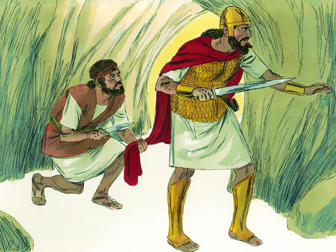 Instead of killing Saul, David cut off the edge of his robe without his noticing it. ‘The Lord forbid that I lay my hands on the King He has anointed,’ he told his men. And he stopped them attempting to kill Saul. – Slide 13