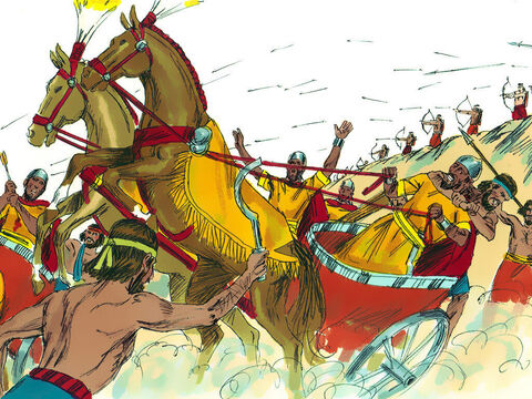It had rained and the Kishon river was in flood. Barak led his 10,000 warriors down the slopes of Mount Tabor into battle. Sisera chariots got bogged down in the wet clay and his warriors abandoned them to flee on foot. – Slide 14