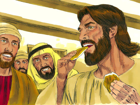 The disciples were full of joy and amazement but could still not really believe Jesus was alive. ‘Do you have something I can eat?” Jesus asked. They gave Him some broiled fish and Jesus ate it as they watched. – Slide 17