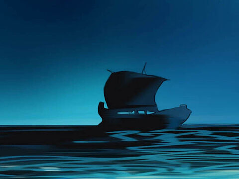 Late that night, the disciples were in their boat in the middle of the lake. Jesus was alone on land. – Slide 2
