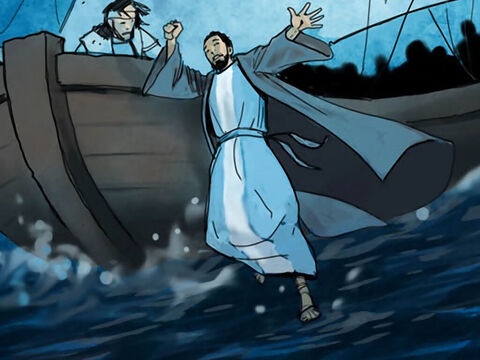 So Peter went over the side of the boat and walked on the water toward Jesus. – Slide 8