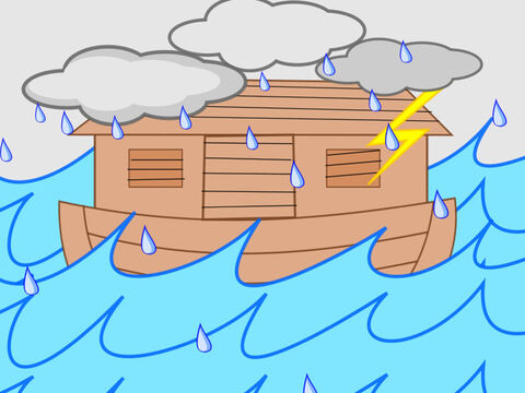 The water rose higher and higher and only those on the Ark were safe. The water rose until it covered the tops of mountains and all Noah could see was flood water. <br/>Then  a wind blew and the waters started to go down. – Slide 7