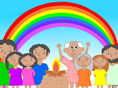 Noah and his family built an altar to thank God for rescuing them. God put a rainbow in the sky as His promise that He would never flood all the earth again. – Slide 9