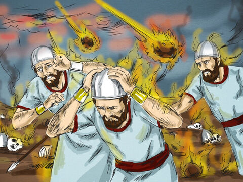 Suddenly the fire of God fell from heaven and consumed him and his fifty men. When King Ahaziah heard the news, he sent a third army captain with his fifty men to seize Elijah. – Slide 10