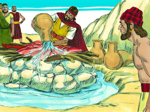 Elijah then gathered the people around him and rebuilt an altar of God that had fallen into ruins. He placed the 12 stones and dug a trench around it. Then he sacrificed the bull and placed the meat on the wood. Elijah then gave a strange order, ‘Fill four large jars with water and pour it on the offering and on the wood. When they had done that, Elijah ordered them to do it again and then a third time. Altogether 12 large jars were poured over the altar and the water ran down to fill the trench. – Slide 16
