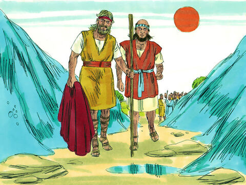 Elijah took his cloak, rolled it up and struck the water with it. The water divided to the right and to the left, and the two of them crossed over on dry ground. The fifty prophets stood and watched them cross the river. – Slide 8
