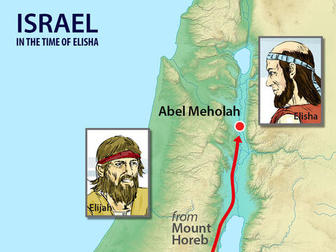 While Elijah was on Mount Horeb, God told him He would pass by. Elijah experienced a storm, an earthquake then a fire but then God spoke to him in a calm quiet voice. One of the things God told Elijah to do was to travel back to Israel to a town called Abel Mehola to anoint Elisha to succeed him as a prophet. Elijah set off on the long trip north. – Slide 1