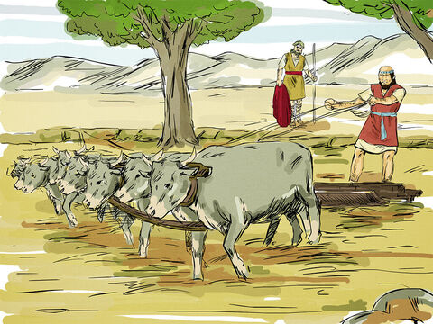 Elijah found Elisha out in a field ploughing with 12 yoke of oxen. – Slide 2