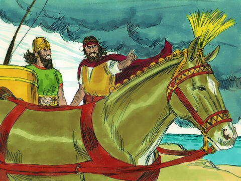 Elijah knew God had answered his prayer and had a message for King Ahab. ‘Hitch up your chariot and go down the mountain before the rain stops you.’ The sky grew black with clouds, the wind rose and heavy rain started falling. King Ahab quickly rode off in his chariot. – Slide 18
