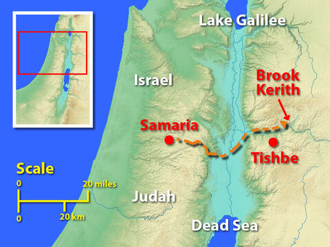 Optional slide: This map shows Elijah’s home town of Tishbe, Samaria where King Ahab had his palace and the most likely location of Brook Kerith which ran through desolate ravine – Slide 4