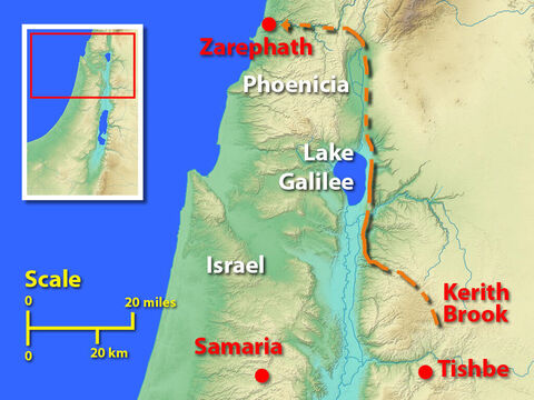 Optional map. This map shows the location of Zarephath in Phoenicia, a country north of Israel and a route Elijah could have taken to avoid being spotted by those searching for him. – Slide 15