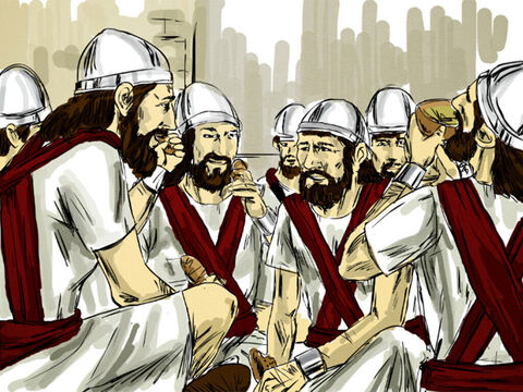‘No, give them food and water and then release them to go back to their land.’ So the King prepared a great feast for them. After they had finished eating and drinking, he set them free to return home. After the mercy shown to them, the bands from Aram stopped raiding Israel’s territory. – Slide 9