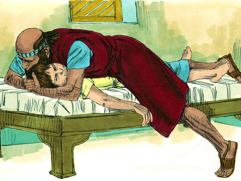 He stretched his body out on the boy and the boy’s body grew warm. Elisha walked up and down the room then lay on the boy again. The boy sneezed seven times and opened his eyes. – Slide 15