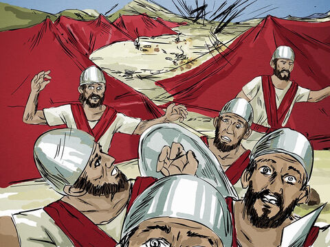 The Lord had caused the enemy forces to hear the sound of a mighty army approaching. Fearing the King of Israel had hired the Hittite and Egyptian army to attack them, they had left everything and fled for their lives. – Slide 10