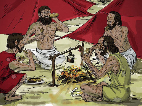 The four men with leprosy entered one of the tents and ate and drank. Then they took silver, gold and clothes, and went off and hid them. They returned and entered another tent and took some things from it and hid them also. – Slide 11