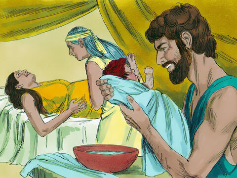 When the time came for her to give birth, she had twin boys. The first to come out was red, and his whole body was hairy, so they named him Esau. – Slide 4