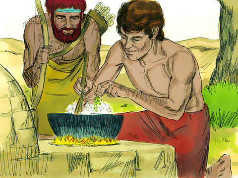 Esau arrived hungry and exhausted from his hunting trip. ‘Quick, let me have some of that red stew! I’m famished!’ he asked Jacob. – Slide 10