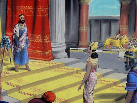 Queen Esther approached the King who raised his sceptre to show his approval. ‘What do you want Queen Esther? I have said that I will give you up to half of my kingdom.’ – Slide 29